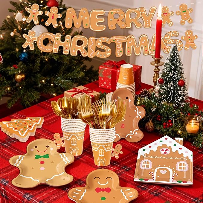OuMuaMua 177Pcs Gingerbread Christmas Disposable Tableware Set,Gingerbread Man Paper Plates Christmas Tree Napkins Cups Banner Cutlery Dinnerware Set for Xmas Holiday Party Supplies Decor, Serves 25
