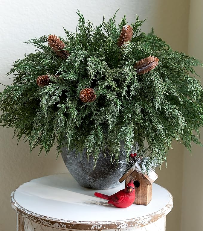 Cedar Stems Artificial Norfolk Pine Branches for Christmas Decor, 12 PCS Fake Pine Stems with 5 PCS Big Pine Cones Branches Realistic Fake Plants Faux Greenery for Vases DIY Garland Xmas Table Indoor