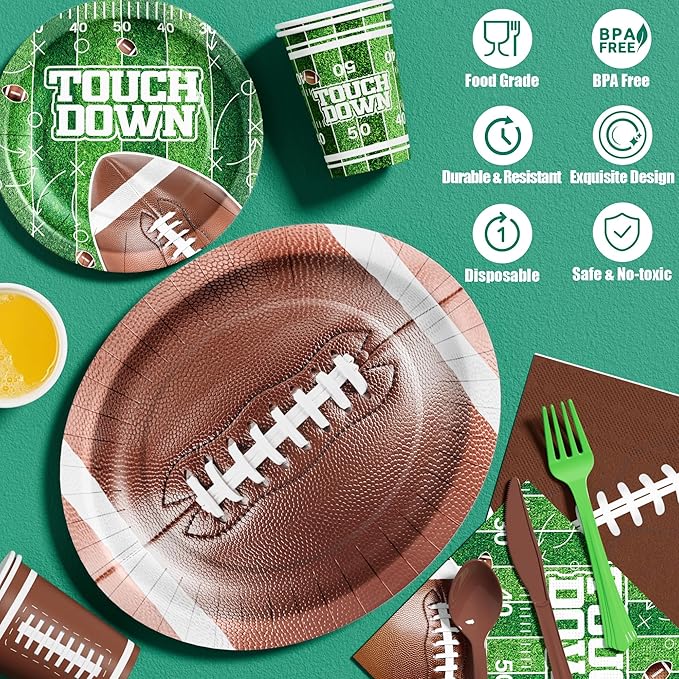 Ecomore 173PCS Football Party Decoration (Serve 24), Easter Decoration Football Birthday Party Supplies with Disposable Paper Plate Napkin Cup Cutlery Banners Touchdown Tablecloth Tailgate Party Decor