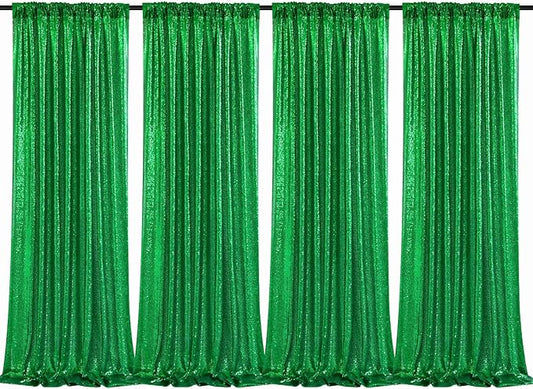 B-COOL Green Christmas Backdrops 4 Panels 2ftx8ft Sequin Backdrop Curtains Fabric Shiny Backdrop Fabric Dark Green Stage Backdrop Drapes Xmas Party Decorations