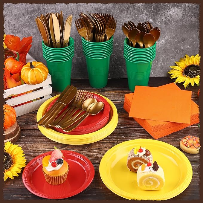 240 Pieces Fall Plastic Dinnerware Set Disposable Party Plates Napkins Cups and Silverware Dessert Dinner Plates for Birthday Wedding Thanksgiving Party Supplies, Serves 30 Guests