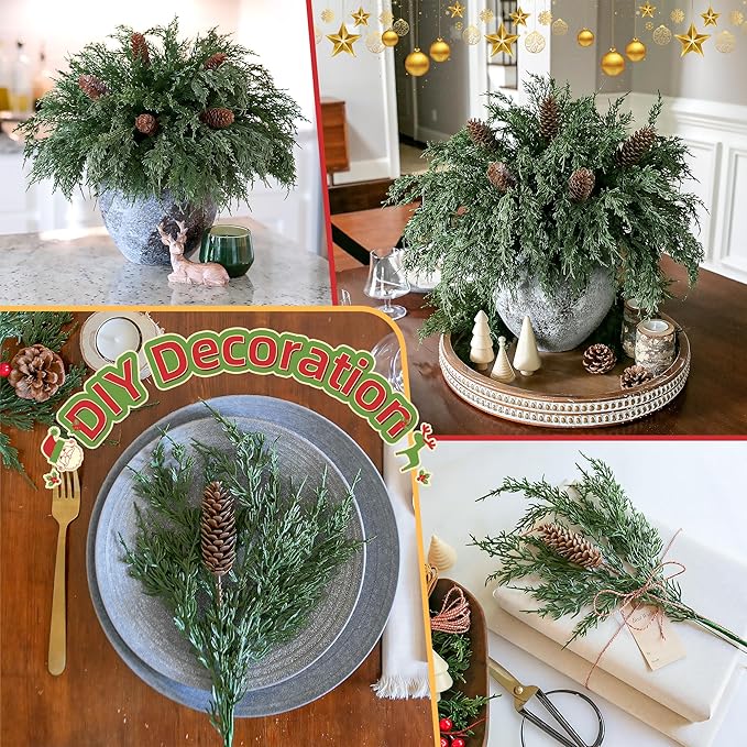 Cedar Stems Artificial Norfolk Pine Branches for Christmas Decor, 12 PCS Fake Pine Stems with 5 PCS Big Pine Cones Branches Realistic Fake Plants Faux Greenery for Vases DIY Garland Xmas Table Indoor