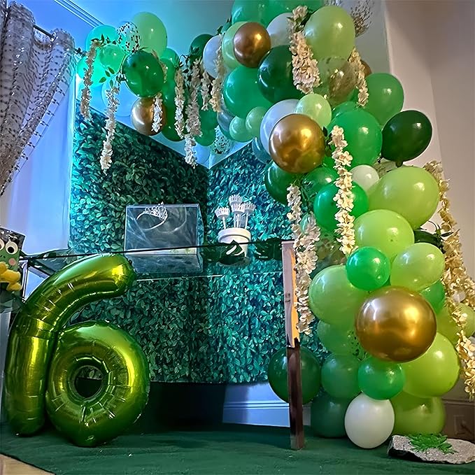 Green Gold Balloons Set, Dark Green Pearl Lime Green Metallic Gold White with Confetti Latex Balloons, Light Green Gold White Balloon for Jungle Dinosaur Birthday Baby Shower Wedding Party Decorations