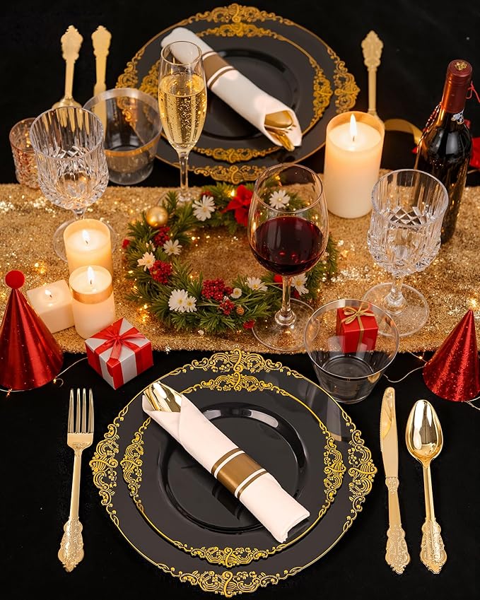 Nervure 175PCS Black Plastic Plates - Disposable Black Gold Party Plates & Pre Rolled Napkins with Cutlery for 25 Guests, 50Plates, 75Silverware, 25Cups, 25Napkin for Wedding & Party & New Year
