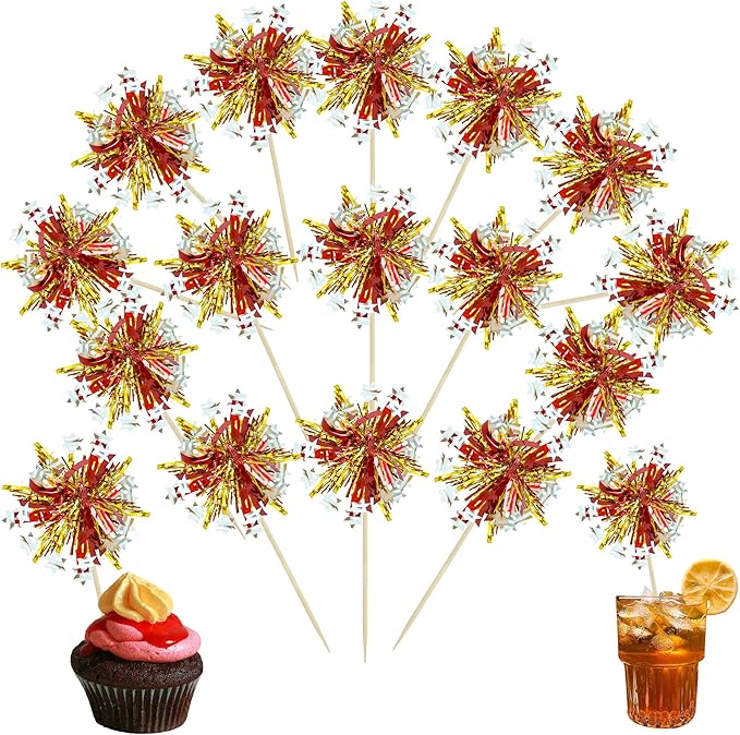 Ephlyn 30Pcs Foil Firework Cupcake Toppers Sparkle Tinsel Cupcake Picks Happy Birthday Cake Decorations Drink Stirrers Cocktail Food Fruit Toothpicks for Baby Shower Graduation Party Supplies Gold Red