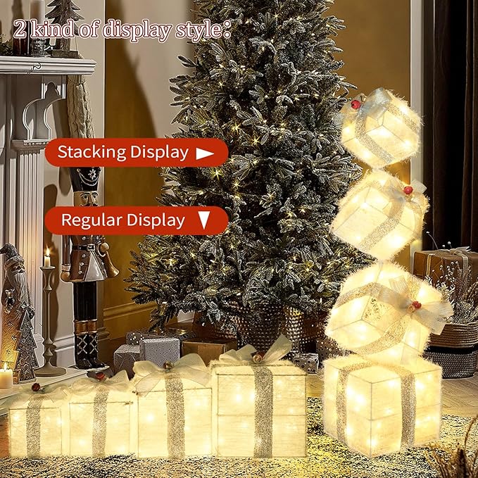 Christmas Lighted Gift Boxes Decorations Set of 4, 3.6Ft Stackable Christmas Nesting Boxes Battery Operated with Timer for Home and Party Decoration
