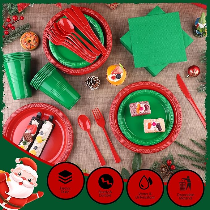 240 Pieces Christmas Plastic Dinnerware Set Disposable Party Plates Napkins Cups and Silverware Dessert Dinner Plates for Birthday Wedding Party Supplies, Serves 30 Guests, Red and Green