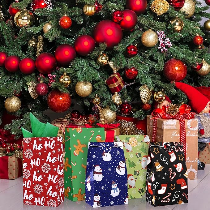 Cooraby 72 Pack Christmas Gift Bags with Tissue Paper Sealing Stickers 9.4 x 5 x 3 Inch Holiday Candy Goody Paper Bags for Xmas Party Supplies Gift Wrapping Decorations