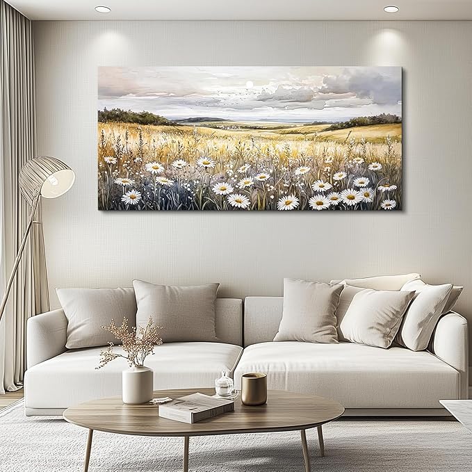 ZUITINGHUA Large Wall Decor For Living Room Canvas Wall Art For Office Modern Wall Decorations For Bedroom White Flower Landscape Painting Grassland Pictures Artwork Room Home Decor 24x48 In