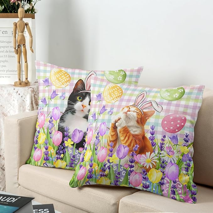 Spring Easter Pillow Covers 20x20 Set of 2 Lovely Cow Cat and Ginger Cat Wearing Bunny Ears Throw Pillow Covers Tulip Floral Pillow Case for Easter Decoration Sofa Patio Garden