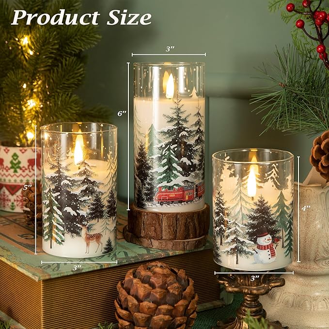 LUSHABOR Christmas Flameless Candles, 3 Pack Battery Operated Candles for Christmas Mantel Decor, Glass LED Flickering Candles Home Xmas Party Holiday D3 H4 5" 6", Trees