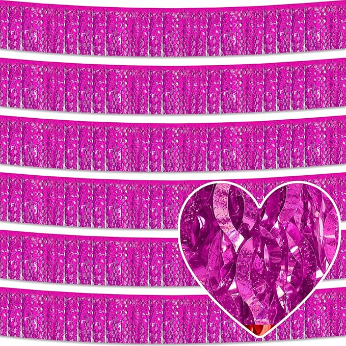 6 Pack 10 Feet Rose Red Wave Foil Fringe Garland Metallic Tinsel Streamers Banner Wall Hanging Curtain Backdrop for Parade Floats, Mother's Day, Easter, Bachelorette, Wedding Party Decoration