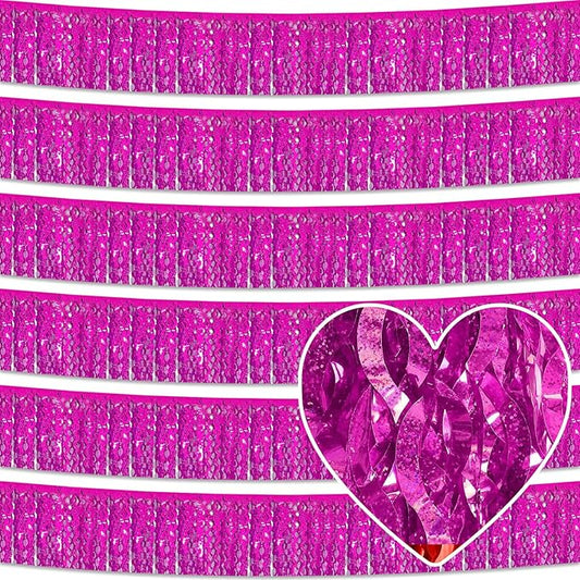 6 Pack 10 Feet Rose Red Wave Foil Fringe Garland Metallic Tinsel Streamers Banner Wall Hanging Curtain Backdrop for Parade Floats, Mother's Day, Easter, Bachelorette, Wedding Party Decoration