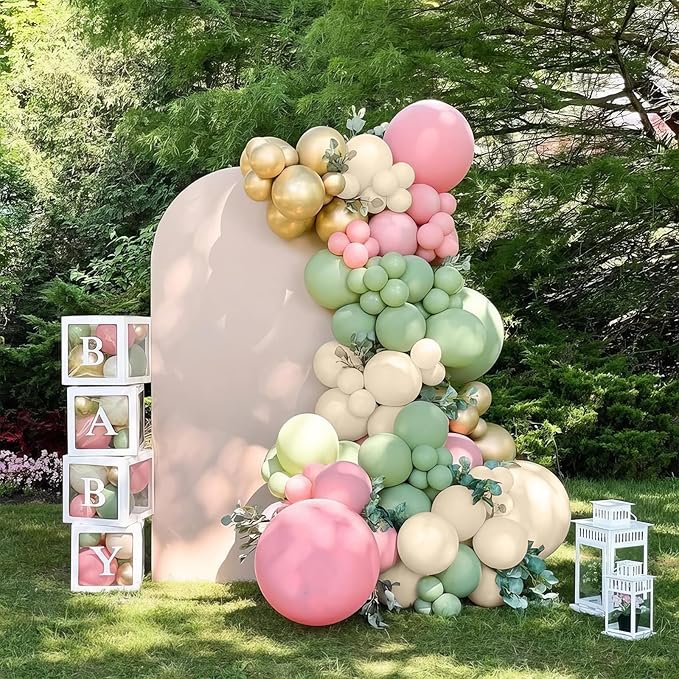 Pink and Green Balloons, Sage Green White Sand Party Balloons Chrome Metallic Gold Balloons Green Pink Latex Balloons for Kids Adults Boho Birthday Jungle Safari Party Wedding Baby Shower Graduation