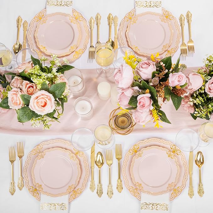 Ciaell 175 PCS Pink and Gold Plastic Plates - Fancy Gold Disposable Dinnerware Set with of 50 Plates, 25 Knives, 25 Forks, 25 Spoons, 25 Cups, 25 Napkins for Party & Weddings