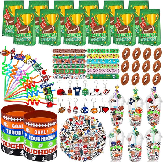 208Pcs Football Party Favors Party Supplies Contains Football Goodie Bags Cups Straw Stickers Mini Football Silicone Bracelets Keychains Thank You Tags Ideal Football Birthday Party Supplies for Team
