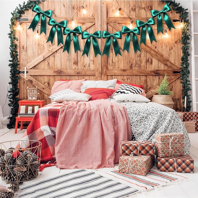 1 String of 8PCS Dark Green Bow Garland Banner Decoration,Pre-Strung Satin Ribbon Ornaments for Birthday,Bachelorette Party,Bridal Shower,Wedding,Engagement,Baby Shower,Graduation Decor,Anniversary