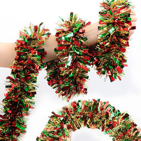 50 Ft Green Red Gold Christmas Tinsel Garland Metallic Twist Shiny Hanging Garland for Christmas Tree Decorations Xmas Holiday Indoor Outdoor Party Supplies Decor