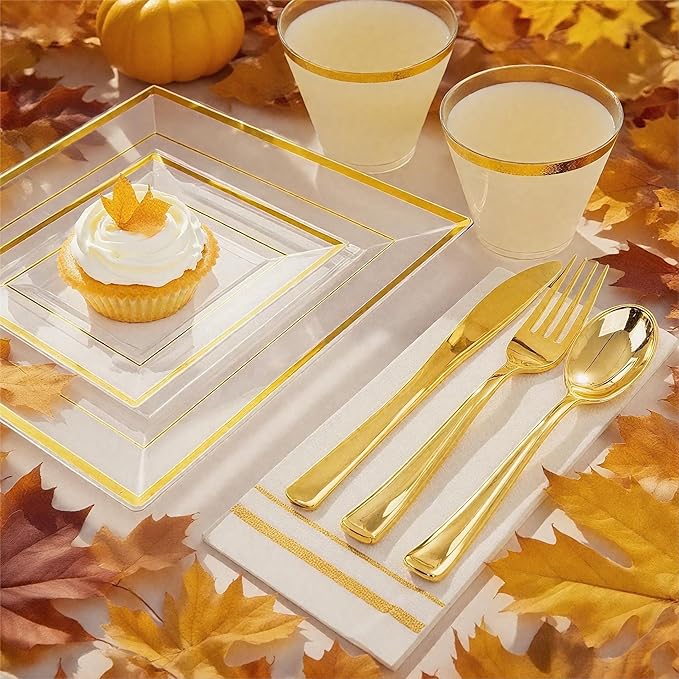 Festiva 350Pcs Clear Plastic Plates with Gold rim - Clear Gold Disposable Dinnerware for 50 Guests includeSquare Plastic Plates/Cups/Cutlery/Napkins Perfect for Thanksgiving Party&Wedding &Xmas