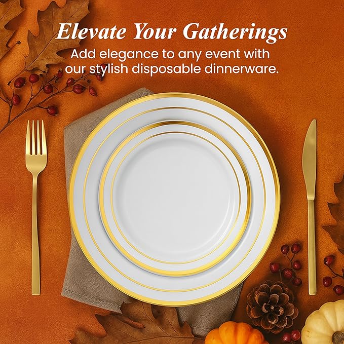 Aya's Cutlery Kingdom 100 White and Gold Plastic Plates for Thanksgiving Dinner - Fancy Plate for Party - 50 (10") Dinner and 50 (7.5") Salad Plates - Heavy Duty, Elegant Disposable Tableware Set
