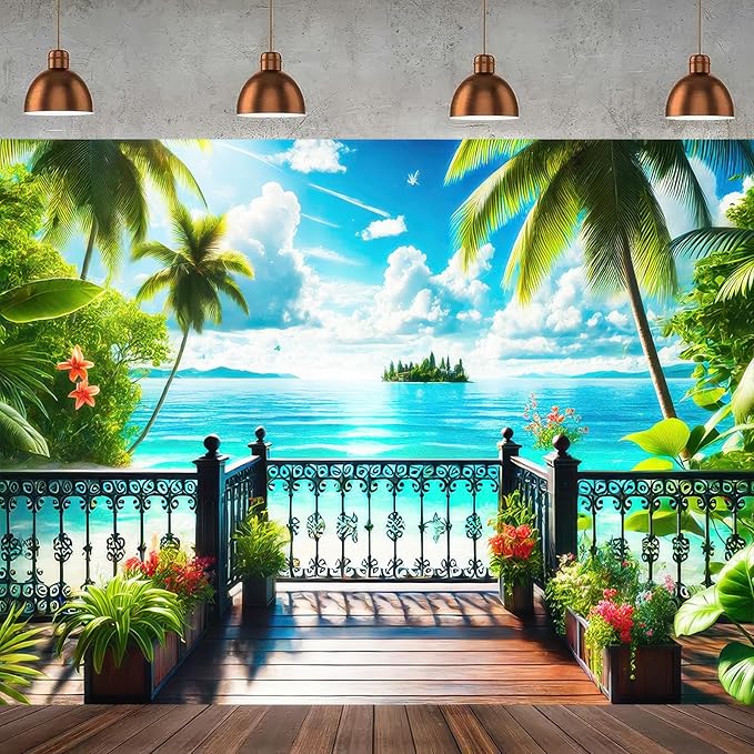 Beach Background Banner 8x6ft Hello Summer Seaside Scenery Party Decoration Background Photo Prop Summer Hawaii Photography Backdrops Outdoor Photo Party Outdoor Sunshine Luau Themed