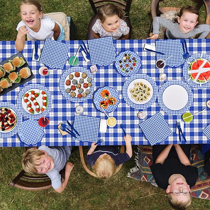 Gatherfun Gingham Blue and White Party Supplies Disposable Paper Plates Napkins Cups Knives Spoons Forks Tablecloth Banner for Birthday Party Family Dinner Picnic Barbecue Father's Day Party, Serve 25