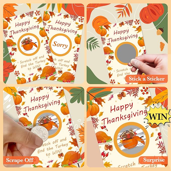 Thanksgiving Scratch Off Cards, 50pcs Autumn Party Scratch Off Tickets, Fall Harvest Game Cards for Adults Family Groups Supplies Classroom Activities - B03