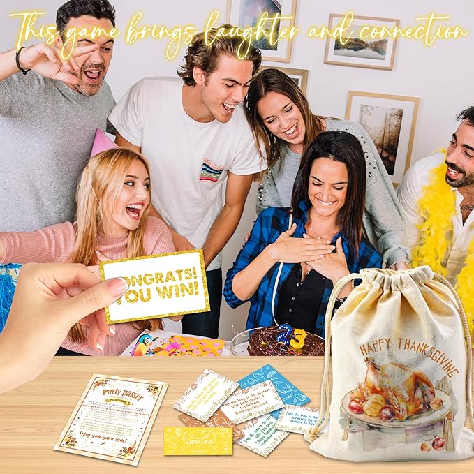 Thanksgiving Turkey Pass The Bag Game - 44 Fun Game Cards & 1 Turkey Canvas Bag - Thanksgiving Games for Friends Family, Holiday Gatherings - Fall Harvest Activity, Office & Home Party Supplies - A01