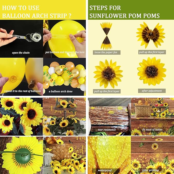 Sunflower Birthday Party Decoration Pack (including Backdrop, Tablecloth, Artificial Sunflowers and A Garland, Cake Topper, Balloon Garland Arch, Foil Balloon, Yellow Tissue Paper Flowers and Fans)…