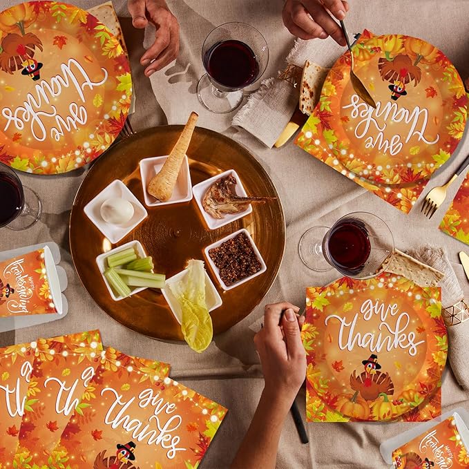 140Pcs, Thanksgiving Day Party Supplies Plates and Napkins Happy Thanksgiving Decorations Tableware Set Fall Birthday Decorations Give Thanks Turkey Paper Plates, Serve for 20