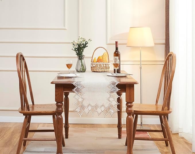 Natural Linen Table Runner 60 inches Neutral Earth Tones Beige Lace Handcrafted Coffee Table Runners Dresser Scarf for Spring Easter Summer Kitchen Wedding Party (Natural, 16”x60”)