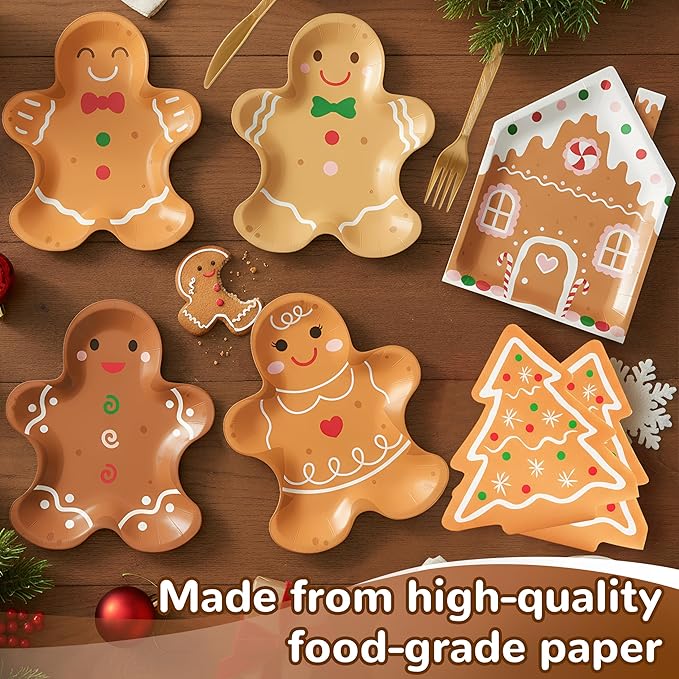 OuMuaMua 177Pcs Gingerbread Christmas Disposable Tableware Set,Gingerbread Man Paper Plates Christmas Tree Napkins Cups Banner Cutlery Dinnerware Set for Xmas Holiday Party Supplies Decor, Serves 25