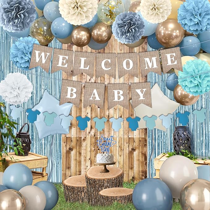 Dusty Blue Baby Shower Decorations- Boy Baby Shower Decor Set with- Welcome Baby Banner, Clothes Banner, Cake Topper, Tissue Pom Poms, Dusty Blue Balloons | Boho Baby Boy Shower Decorations
