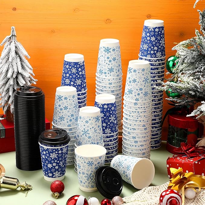 Pickmesh 100 Pcs Christmas Disposable Coffee Cups with Lids 12 oz Corrugated Paper Cups Blue and White Snowflake Drinkware for Xmas Winter Holiday Hot and Cold Beverages Home Party Supplies