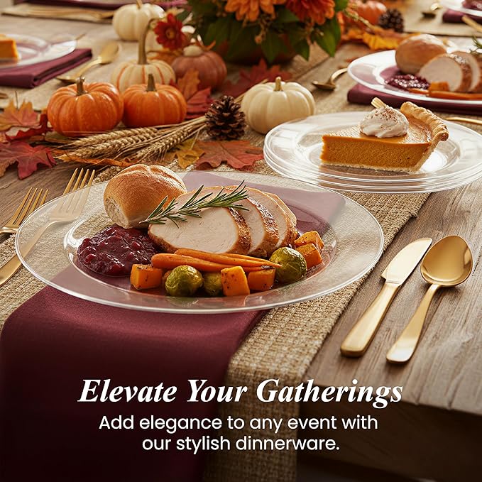 Aya's Cutlery Kingdom 100 Clear Plastic Plates for Party - Heavy Duty Disposable Set of 50 Dinner and 50 Dessert Plates - Elegant Plastic Disposable Plate for Weddings, Parties, and Special Events