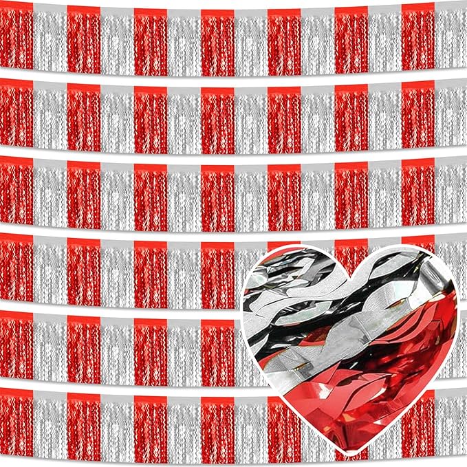 6 Pack 10 Feet Red Silver Wave Foil Fringe Garland Metallic Tinsel Streamers Banner Wall Hanging Curtain Backdrop for Parade Floats, Mother's Day, Easter, Wedding, Birthday Party Decoration