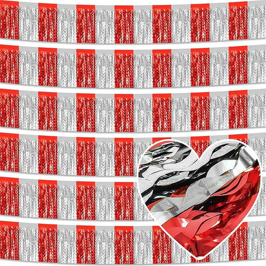 6 Pack 10 Feet Red Silver Wave Foil Fringe Garland Metallic Tinsel Streamers Banner Wall Hanging Curtain Backdrop for Parade Floats, Mother's Day, Easter, Wedding, Birthday Party Decoration