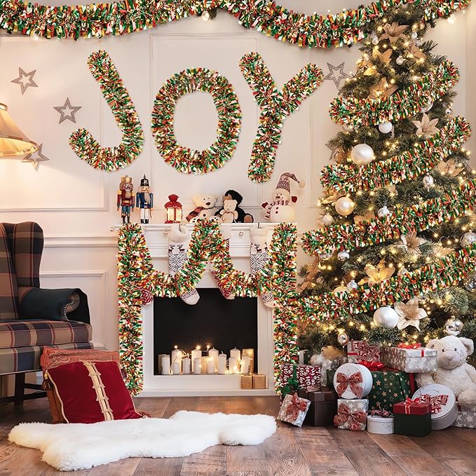50Ft Christmas Tinsel Garland Red Green and Gold Xmas Tree Decorations Metallic Glitter Twist Garland for Christmas Decorations Anniversary Birthday Wedding Holiday Supplies Indoor Outdoor Supplies