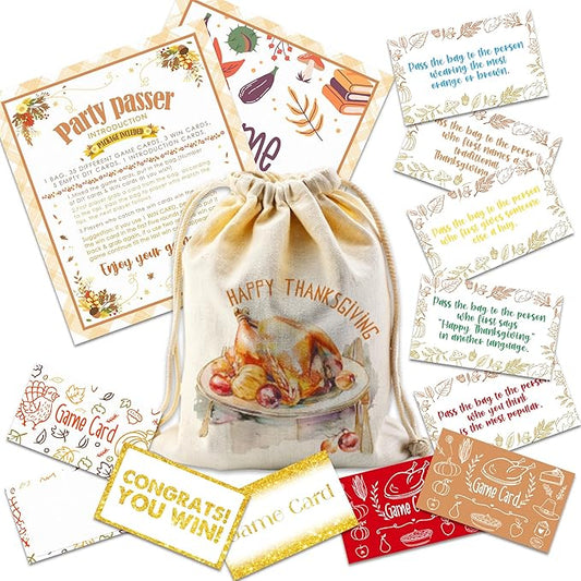 Thanksgiving Turkey Pass The Bag Game - 44 Fun Game Cards & 1 Turkey Canvas Bag - Thanksgiving Games for Friends Family, Holiday Gatherings - Fall Harvest Activity, Office & Home Party Supplies - A01