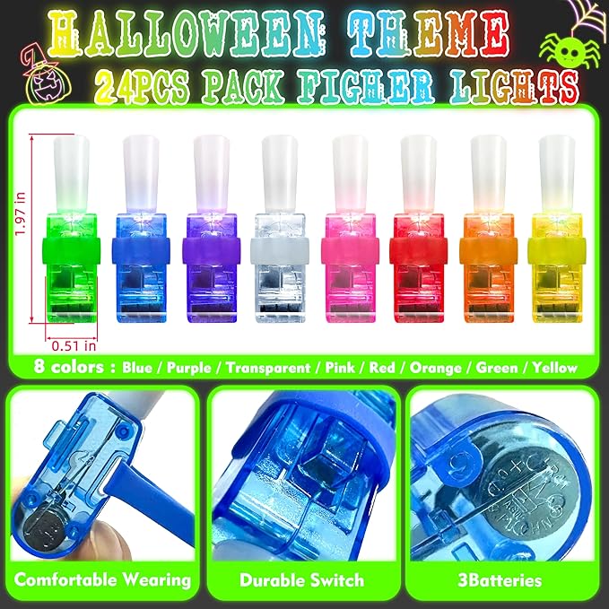 24PCS Halloween Neon theme Party Favors-LED Finger Lights：Glow-in-the-Dark Light-Up Toys Bulk for Kids Boys Girls,Trick or Treat Non Candy Gifts, Halloween Goodie Bag Stuffers, Classroom Prizes Gifts