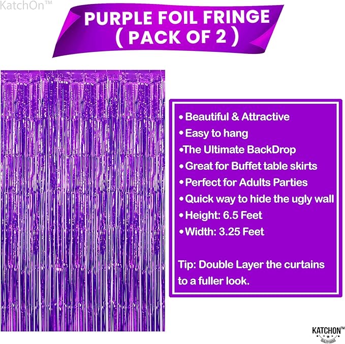 KatchOn, Metallic Purple Foil Fringe Curtain - Pack of 2 | Streamer Backdrops For Purple Birthday Decorations | Bachelorette, New Year, Halloween Decorations Indoor | Unicorn, Mermaid Party Decoration