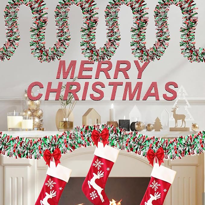 50 FT Red & Green & White Christmas Tinsel Garland Metallic Twist Shiny Hanging Garland for Christmas Tree Decorations Xmas Holiday Decor for Home Indoor Party Supplies - Red Green White