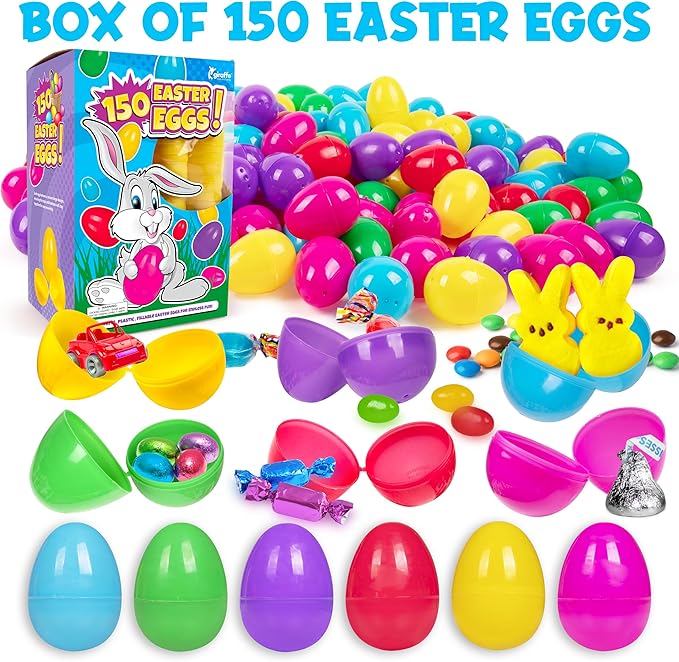 Giraffe Manufacturing 150 Pack 2.3" Hinged Easter Eggs Bulk Plastic Fillable – Assorted Bright Colors Candy Alternative Eggs for Egg Hunt, Party Favors, Classroom Prizes, Treasure Box Toys