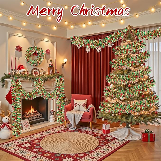 50Ft Christmas Tinsel Twist Garland, Metallic Twist Garland Tree Decorations for Christmas Tree New Year Party Birthday Holiday Supplies Indoor and Outdoor Decoration (Red Green Gold)