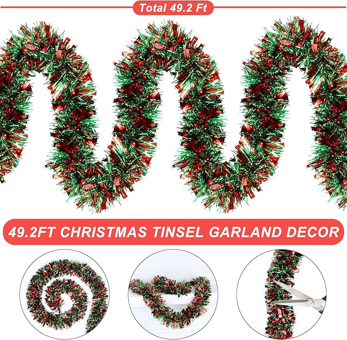50 Ft Red & Green Christmas Tinsel Garland Metallic Twist Shiny Hanging Garland for Christmas Tree Decorations Xmas Holiday Decor for Home Indoor Outdoor Party Supplies (Red & Green)