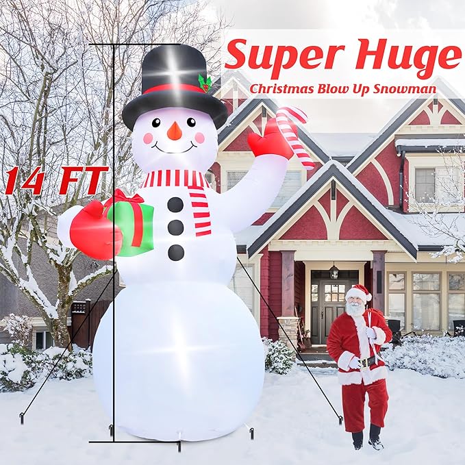 Christmas Inflatables, 14FT Snowman with Present Box and Candy Cane, Lighted Christmas Snowman Blow Up Decorations, Christmas Outdoor Inflatable Decor for Xmas Holiday Party Lawn Garden Patio