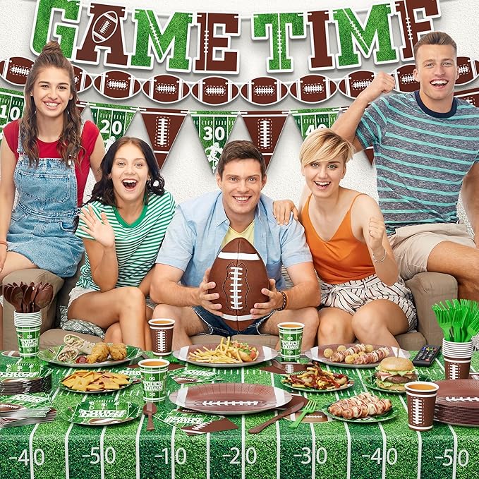 Ecomore 173PCS Football Party Decoration (Serve 24), Easter Decoration Football Birthday Party Supplies with Disposable Paper Plate Napkin Cup Cutlery Banners Touchdown Tablecloth Tailgate Party Decor