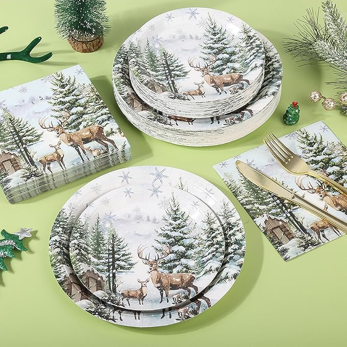 150Pcs Christmas Paper Plates and Napkins Set Christmas Tree Elk Design Disposable Holiday Plates Dinnerware for Xmas Holiday Winter Party,Serves 50