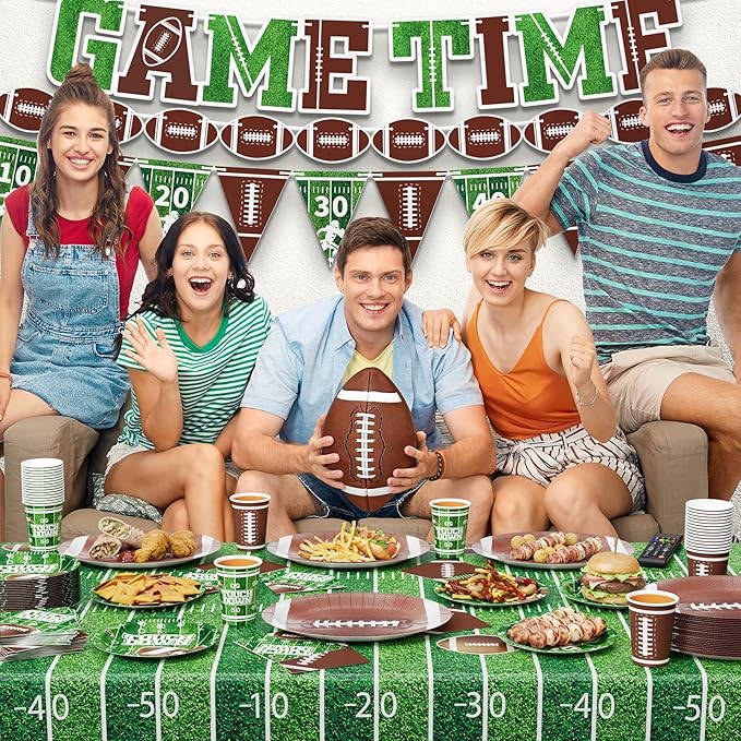 Ecomore 205PCS Football Party Decorations (Serves 50), Easter Decoartion Football Birthday Party Supplies with Disposable Paper Plates and Napkin Cup Banner Touchdown Tablecloth Graduation Party Decor