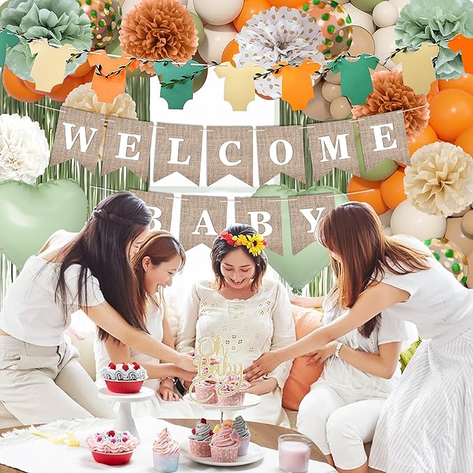 Orange Green Baby Shower Decorations-Welcome Banner Sage Green Sand White Confetti Balloon 'Oh-Baby' Cake Topper Fringe Curtains Paper Pom Poms for Boho Neutral Little Cutie Baby Shower Fall Party